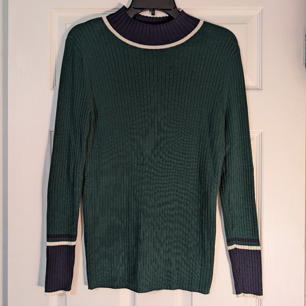 Nautica Green and Navy Mock Neck Ribbed Sweater Size M